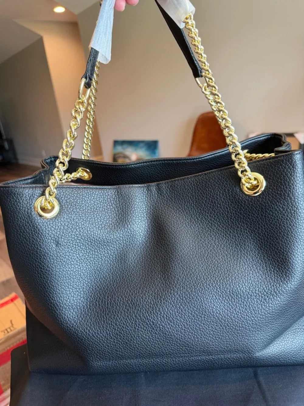 Black Leather Tote Bag with Gold Chain Handles - Picture 2 of 5